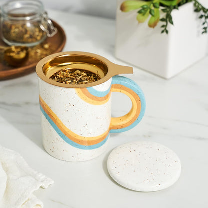 Pinky Up Annette Ceramic Tea Cup with Infuser and Lid, Travel Mug for Loose Leaf Teas, Home Office, Camping, Picnic Party, 12 oz, Set of 1, Honeycomb