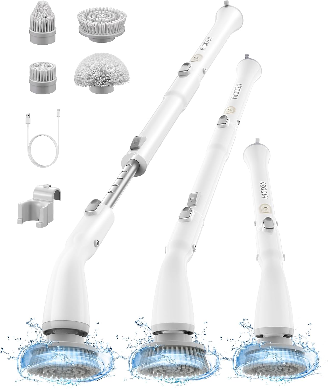 Electric Spin Scrubber HS1, Cordless Shower Scrubber for Cleaning with 4 Replaceable Brush Heads Adjustable Extension Handle, IPX7 Waterproof Cleaning Brush for Bathroom Floor White