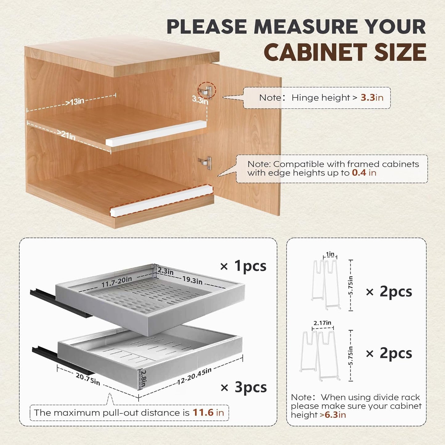 Seinloes 2 Pack Pull Out Cabinet Organizers 21"Deep with Raising Pad for Framed Cabinets,Expandable Slide Out Drawers Upgrade 3 Slide Rails,Roll Out Shelves Adhesive,Adjustable Width 12"-20.45" White