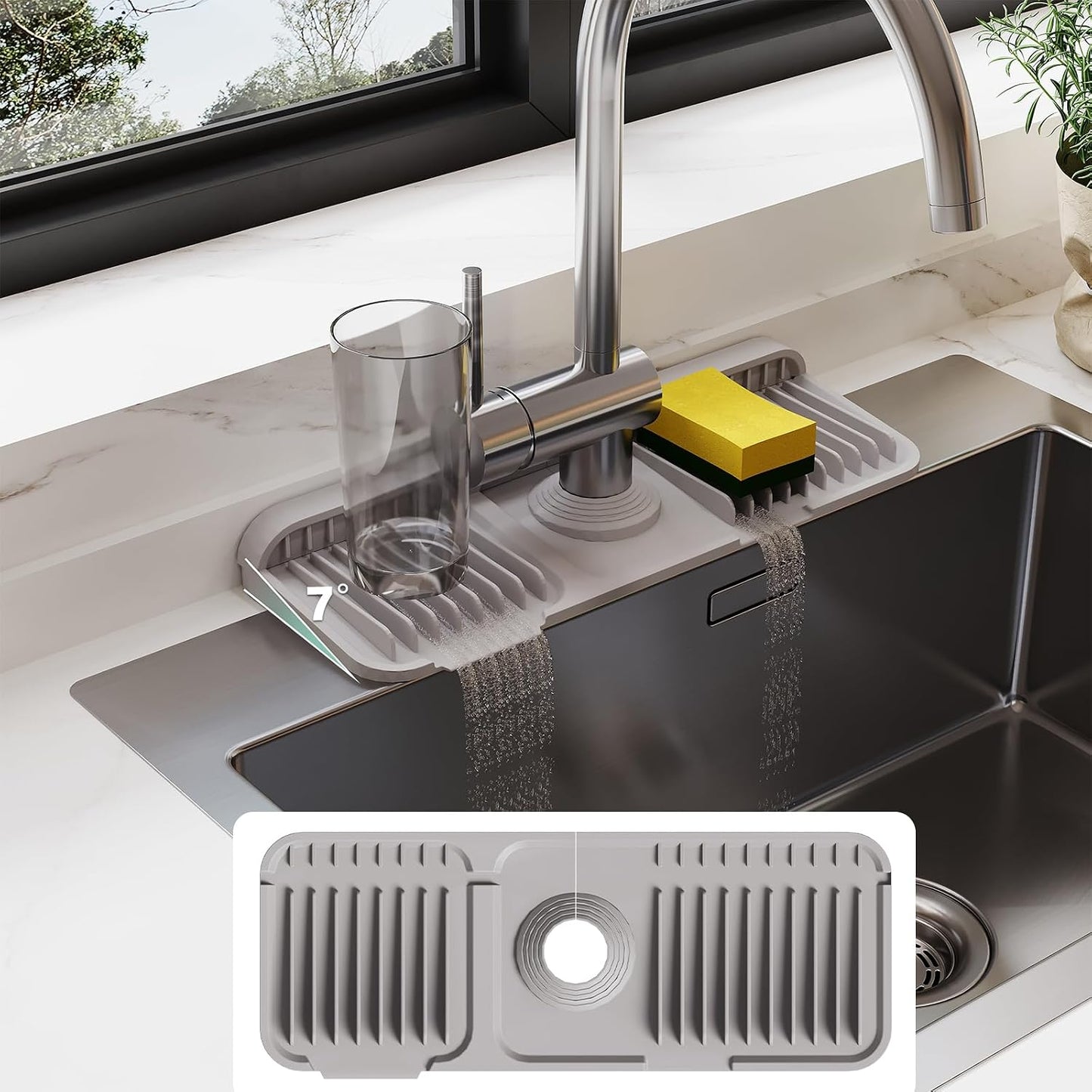 24-Inch Silicone Faucet Mat for Kitchen Sink Splash Guard, 7° Slope | 24"x5.5" water draining mat with fasten button; 1.6-2.75" customizable hole for bathroom, RV & kitchen sink drip catcher.