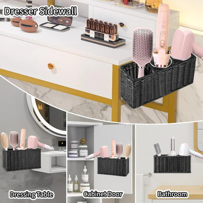 Hair Tool Organizer,Wall Mount Curling Iron Holder,Waterproof Wicker Hot Tools Organizer for Hair Dryer,Flat Irons,Curling Wands,Straighteners Storage,in Cabinet,Bathroom,Vanity (Nature)
