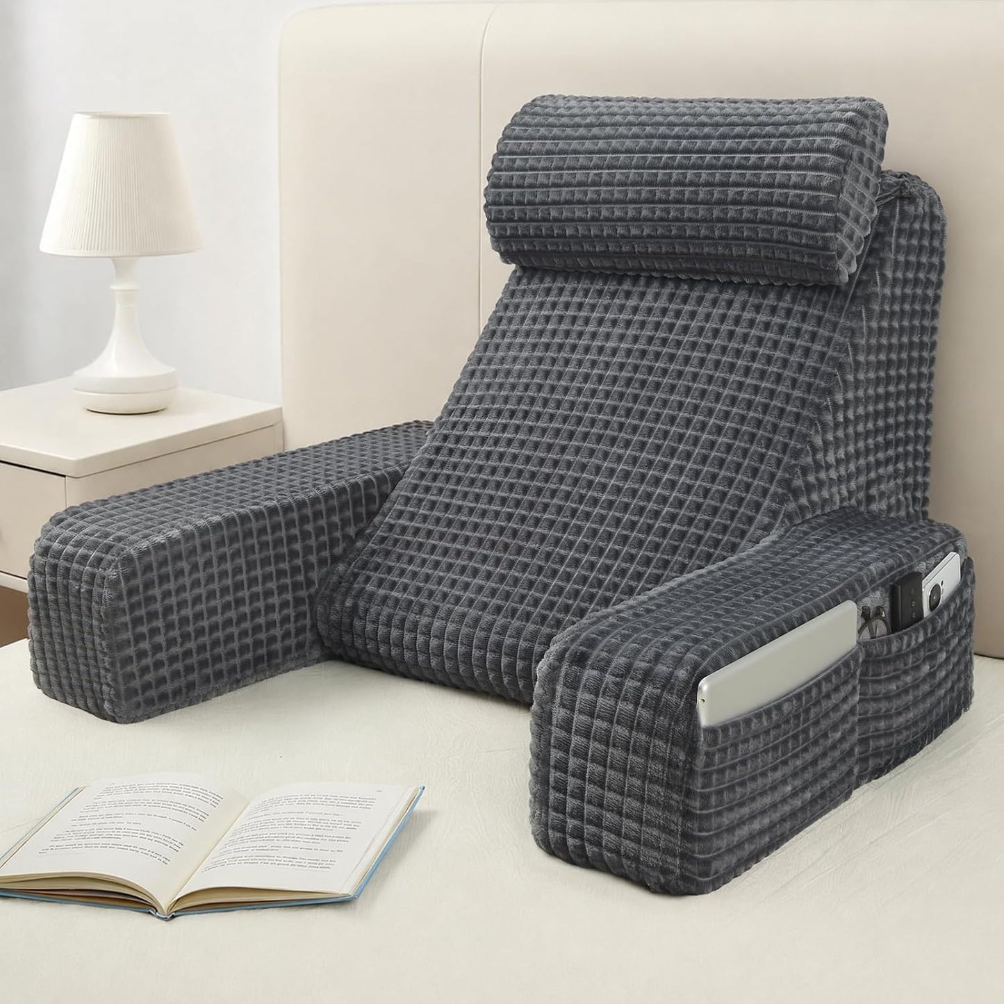 Vekkia 19'' Reading Pillow for Adults with XL Side Pockets, Adjustable Arms | 45° Back Support Chair for Sitting in Bed, Washable Cover, Perfect for Gaming, Watching TV, Relaxing, or Recovery, Gift Idea