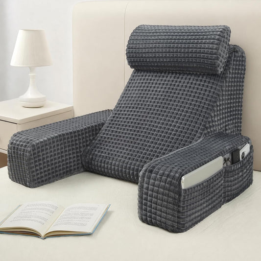 Vekkia 19'' Reading Pillow for Adults with XL Side Pockets | 45° Back Support Chair, Washable Cover, Adjustable Arms, Perfect for Gaming, Watching TV, Relaxing, or Recovery, Gift Idea