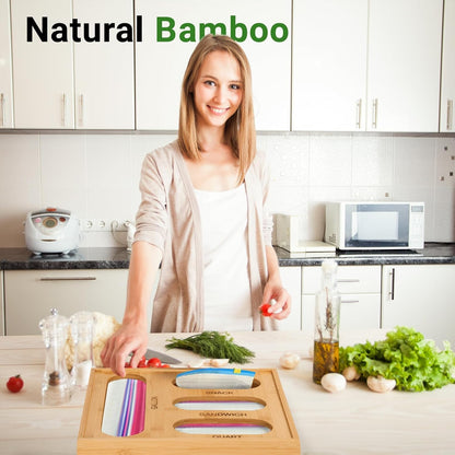 6-in-1 Bamboo Kitchen Drawer Organizer for Storage Bag, Foil & Plastic Wrap | Saran Wrap Dispenser with Cutter, Plastic & Grocery Bag Holder, Bamboo Drawer Organizer, Gallon/Quart Storage Bags