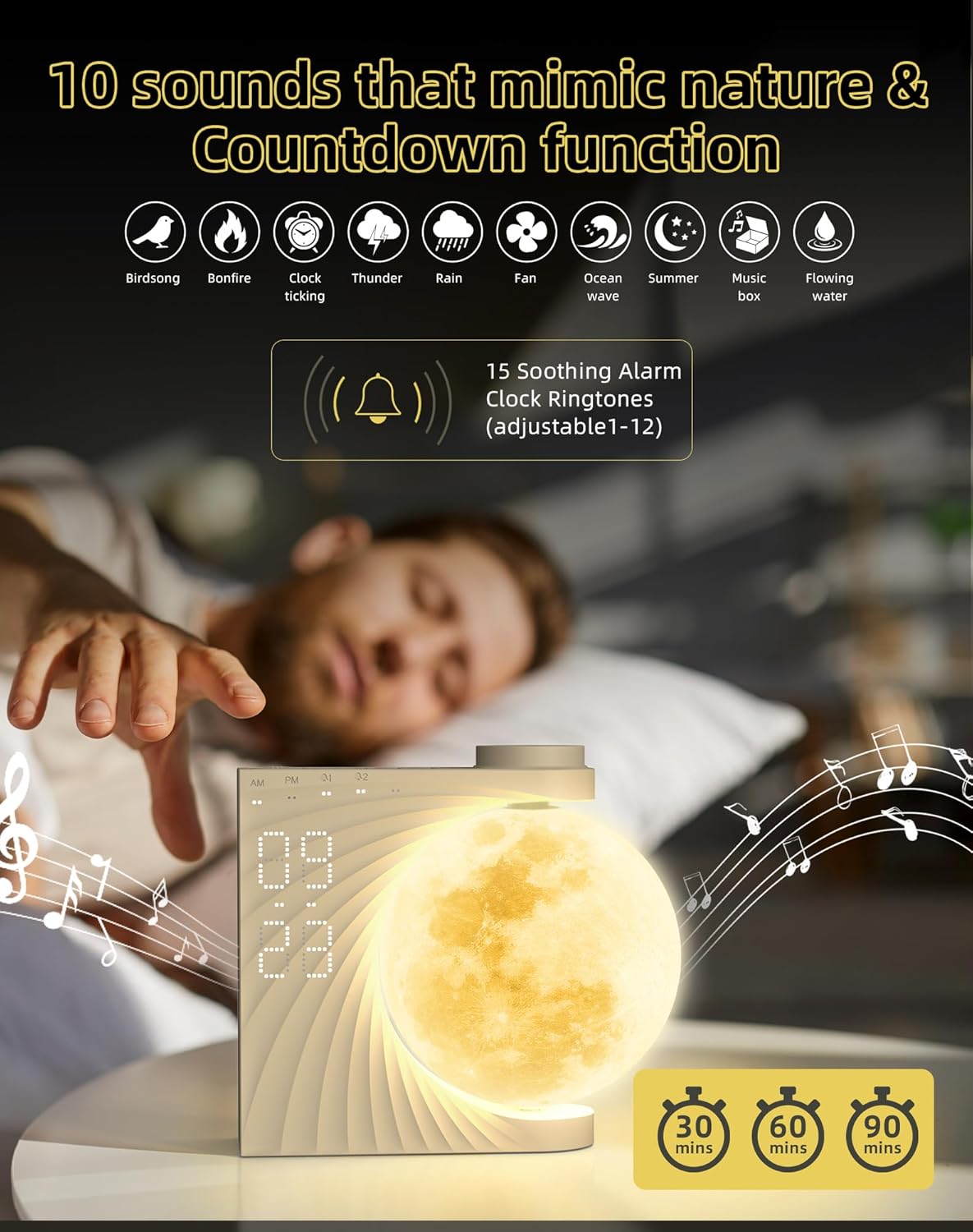 Sunrise Alarm Clock for Bedrooms - Auto-Rotating Moon Lamp with Wake-Up Light & Night Light, 10 Nature Sounds, Dual Alarms for Heavy Sleepers, 30/60/90 Timer & Snooze