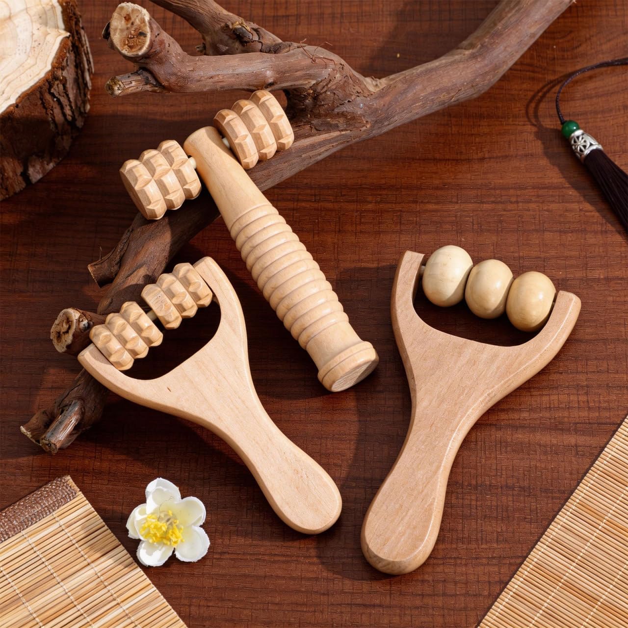 Wooden Massage Roller Tool Set Handheld Foot and Body Massager for Neck Shoulder and Muscle Portable 5.90X3.14X1.18In Wood Massager Wood Massage Tools Wooden, 3 PCS