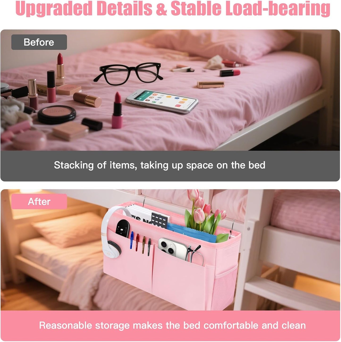 Bedside Caddy Organizer with Fixed Straps, Bunk Bed Caddy ideal for Home, Bunk Bed, Dorm, Hospital, Crib, Versatile Bedside Storage Solution (Beige)