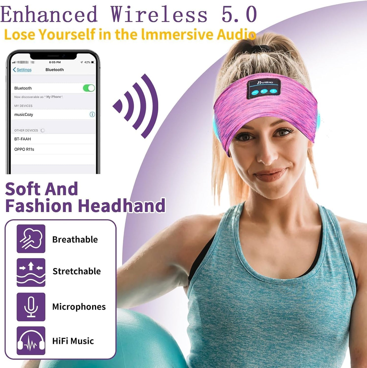 Bluetooth Headphones, Sleep Headphones Headband Wireless for Sleeping Side Sleepers - Adjustable Sleep Headphone, and Bluetooth Headbands for Women (Pink)
