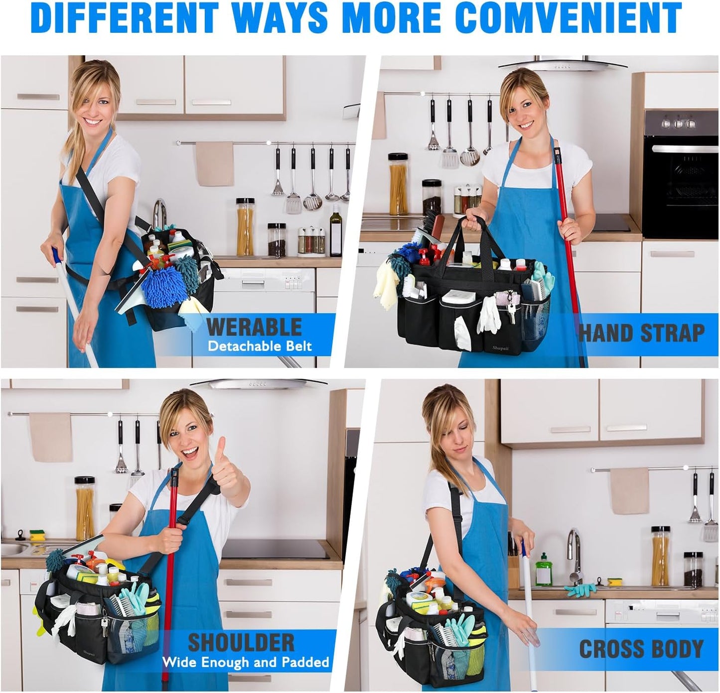 Wearable Cleaning Caddy Bag, Cleaning Caddy Supplies Organizer with Handles for Cleaners & Housekeeper, Under Sink & Car Cleaning Tool Organizers Bag with Adjustable Shoulder Strap&Waist Belt