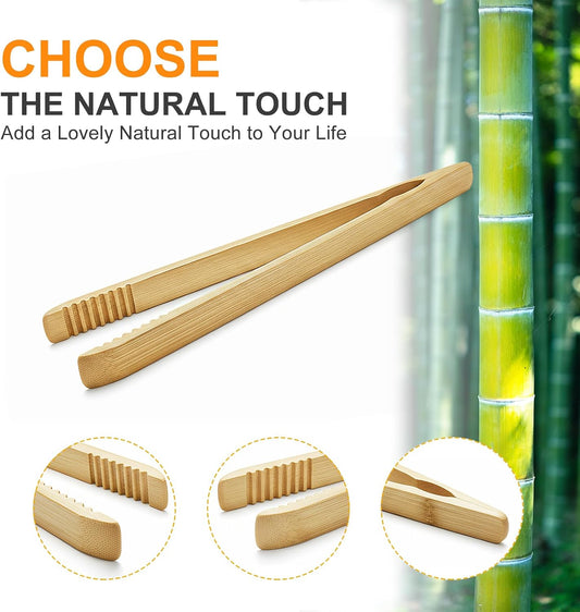 2 Pack Premium Bamboo Toaster Tongs, 10 Inches Natural Wooden Tongs with Serrated Tips for a Secure Grip on Toast, Bagels, Pastries, and Salads, Reusable for Cooking & Serving