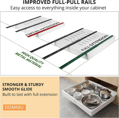 DOMNIU Pull Out Cabinet Organizers Expandable,White,16.9"Depth,2 Pack | Slide Out Drawers for Kitchen, Bathroom, Pantry, Under Sink Storage, Fixed with Adhesive Nano Film (11.6''-17.5'')