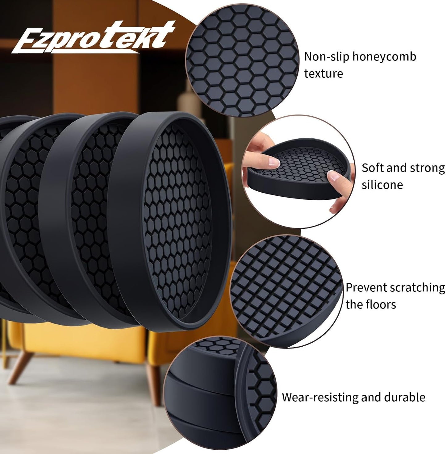 Ezprotekt Non Slip Furniture Pads, 12 Pcs 2" Anti Skid Rubber Furniture Caster Cups, Anti-Slip Furniture Coasters for Hardwood Floors, Anti Slide Floor Protectors for Bed Couch Stoppers (Black)