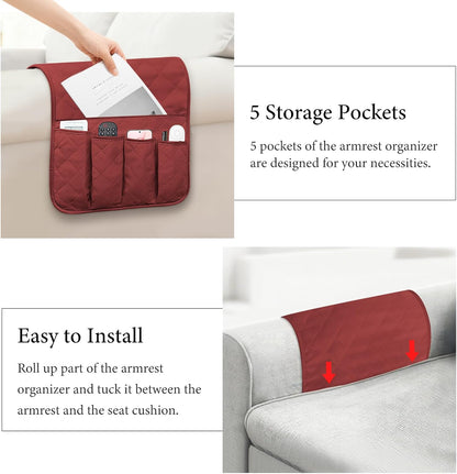 Armchair Caddy for Recliner, Non Slip Sofa Arm Organizer, Sage Green | 5-Pocket Recliner Armrest Organizer, Couch Side Storage Holder for Remotes, Cell Phone, Magazines & Tablets, Machine Washable