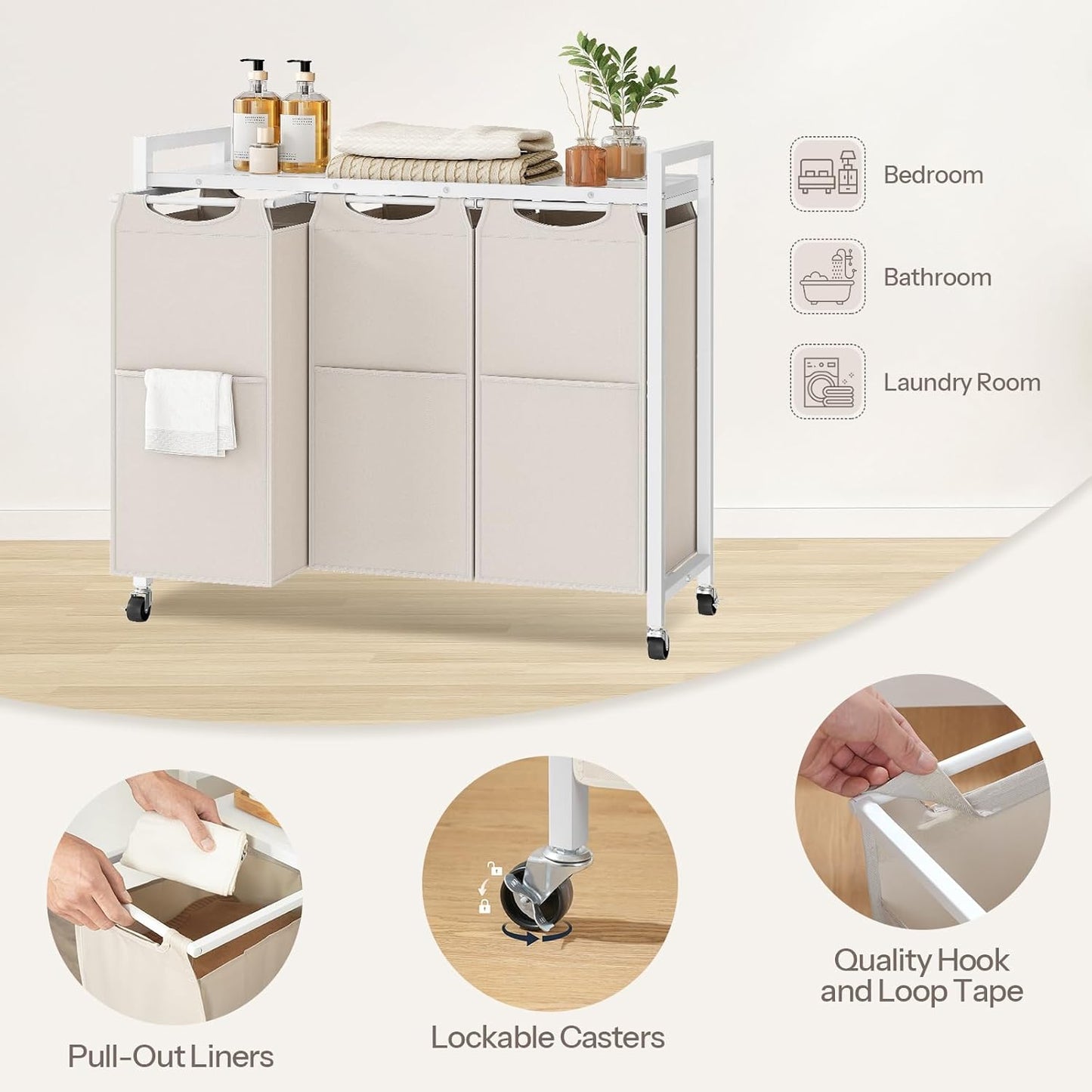 HOOBRO Laundry Sorter 3 Section, Laundry Hamper with Wheels, 3 × 11.5 Gal (43.4L), Rolling Laundry Basket, Pull-Out and Removable Oxford Fabric Laundry Bags, Rustic Brown and Grey BFG76XY01