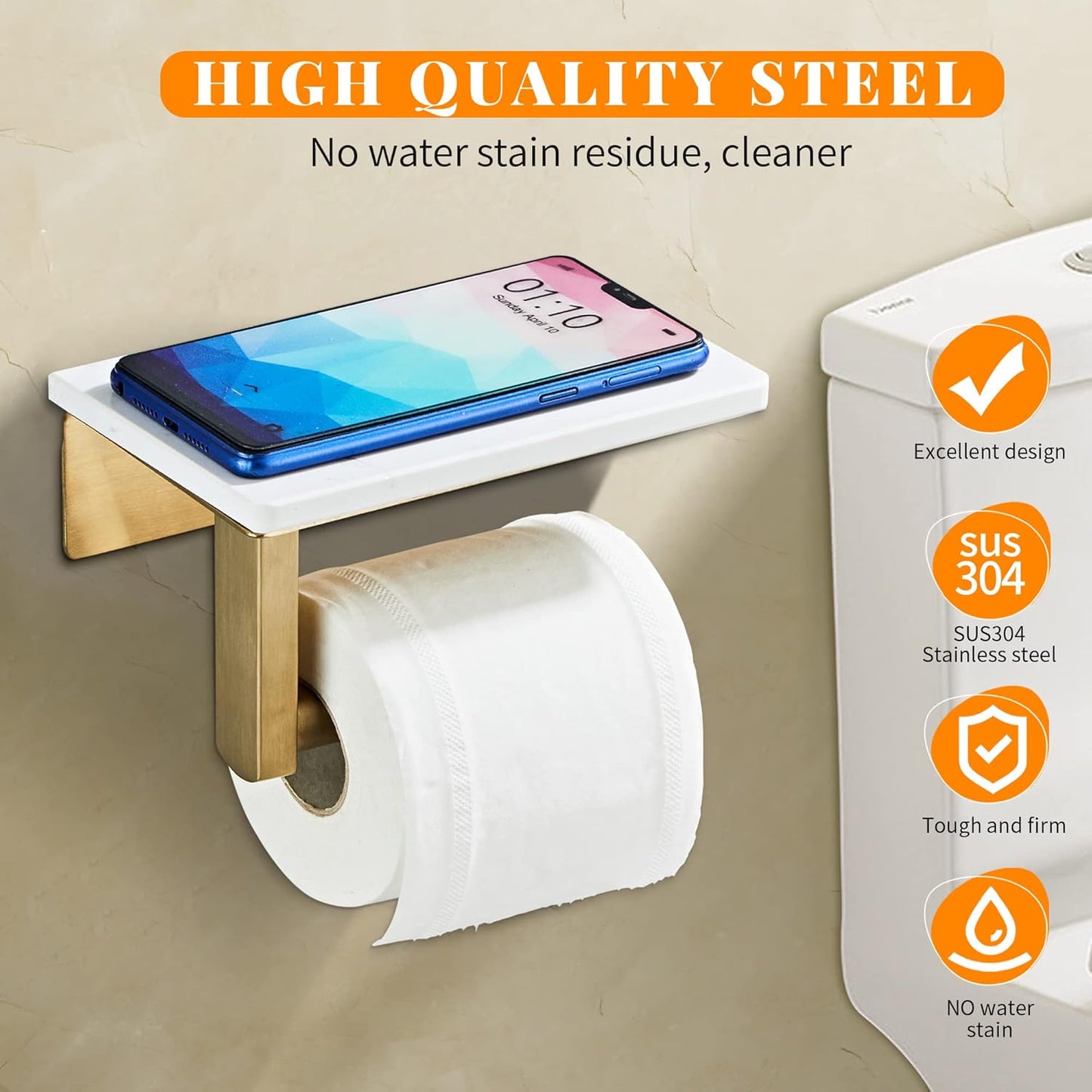 Brushed Nickel Toilet Paper Holder with Marble-Look Shelf, Wall Mounted SUS304 Stainless Steel Toilet Roll Holder with Phone Storage