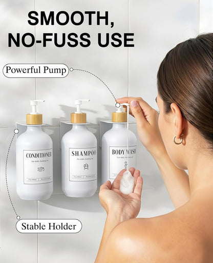 Luxspire 17oz Shampoo and Conditioner Dispenser 3 Sets for Bathroom, Black | Matte PET bottle, no-drill stainless bracket, detachable pump, dual wall/counter install with classification stickers