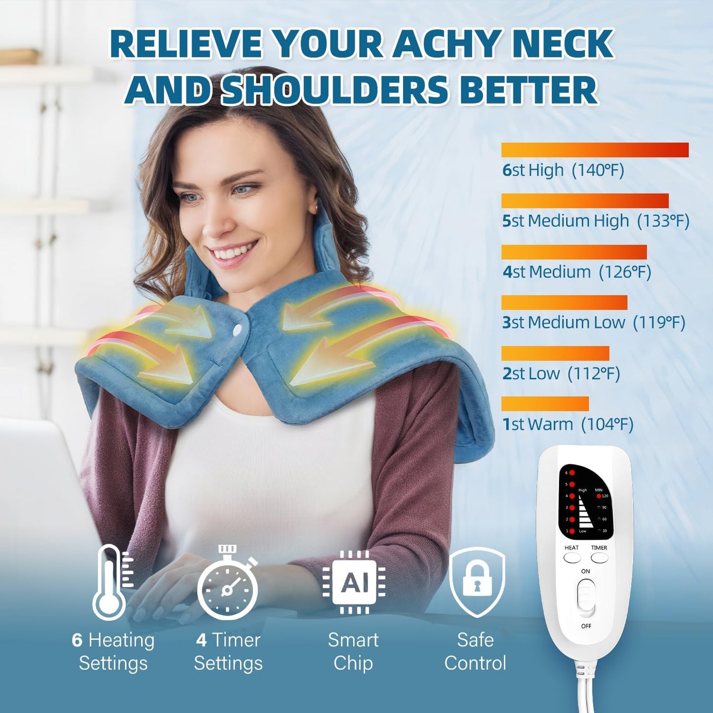 Heating Pad for Neck and Shoulders, Weighted Electric Neck Heating Pad for Back Pain Relief 6 Heat Settings 4 Timers Auto Off Birthday for Women Mom Men Dad