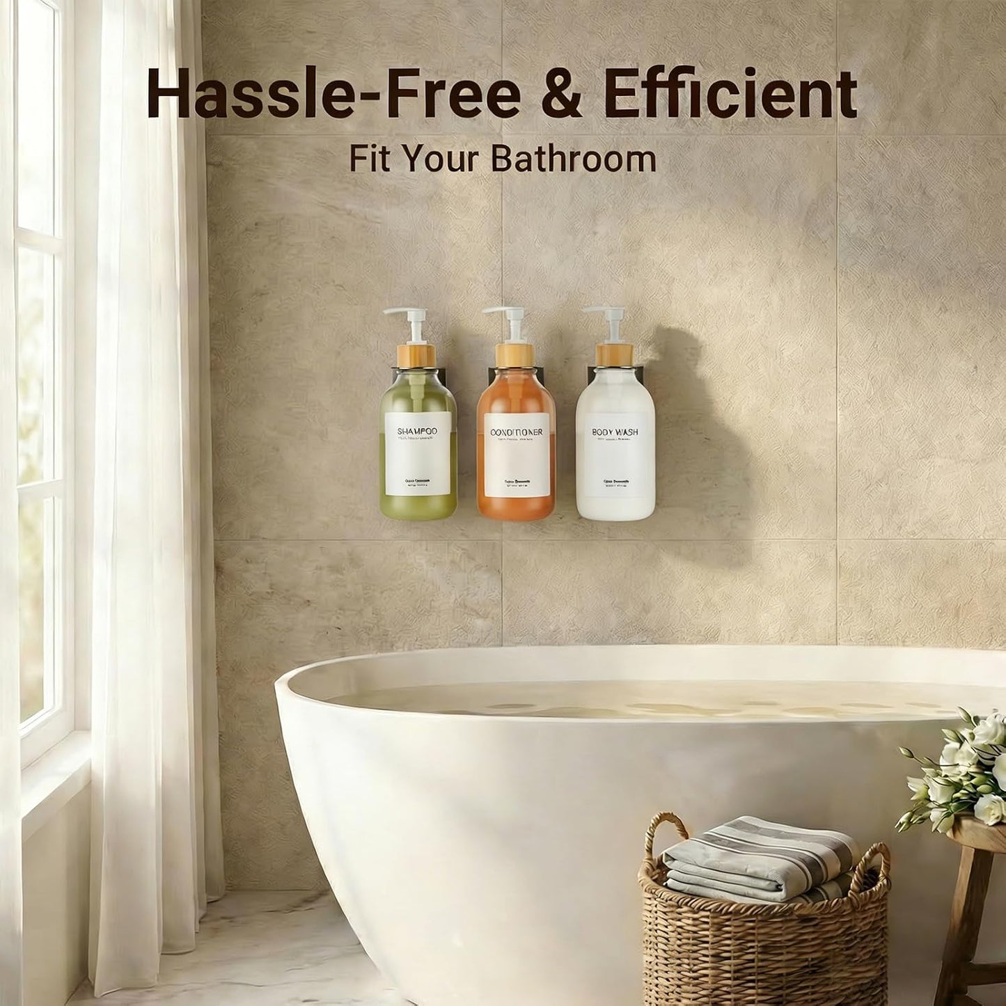 Shampoo and Conditioner Dispenser - Shower Soap Dispenser 3 Chamber No Drill - Bathroom Soap Dispenser Wall Mount Adhesive - Clear PET Bottles with Nature Bamboo Pumps Set Refillable 1500ml
