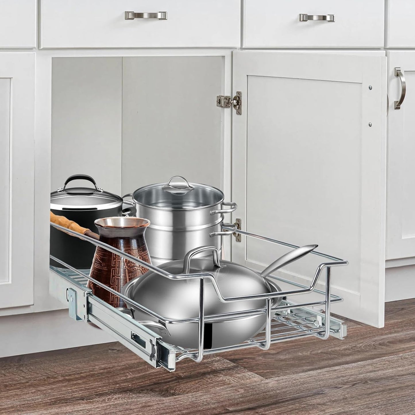 Pull Out Cabinet Organizer 15" W X 22" D, Chromed, Full Slide Out Drawers | For Kitchen Organizers and Storage, Pull Out Drawers For Cabinets Capacity Heavy Duty Caddy, Cabinet Shelves, Bathroom Pantry
