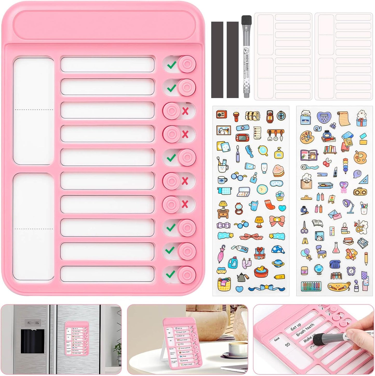 Audab 2Pcs Dry Erase Chore Chart for Kids, Magnetic Checklist Board, My Chores Slider Chart to Do List Board, Routine Chart Schedule Board Task Tracker for Home Refrigerator, Wall, Desk (Blue & Pink)
