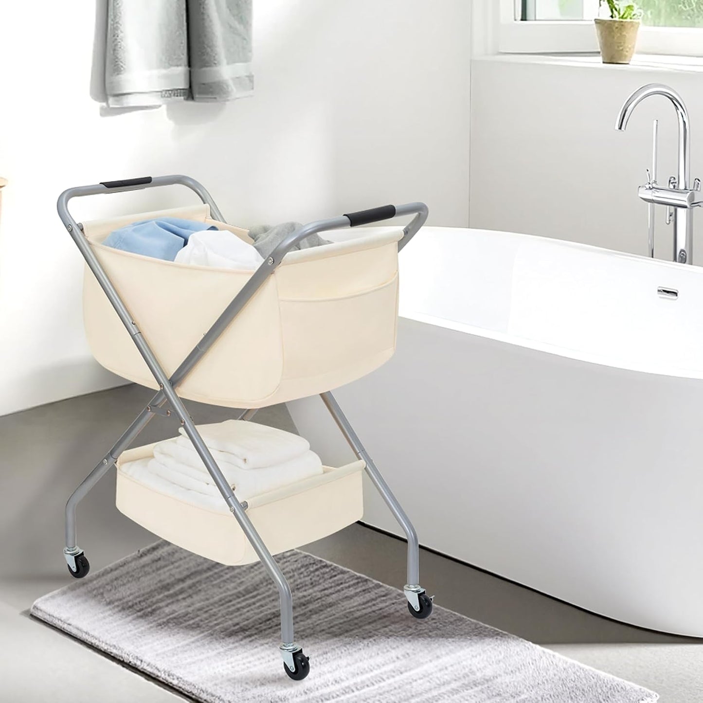 STORAGE MANIAC Collapsible Laundry Cart with Wheels 35.6"H Removable Canvas Bag Rolling Laundry Hamper Clothes Basket with Wheels, Sturdy Steel Frame Folding for Small Narrow Space Easy Storage, Beige