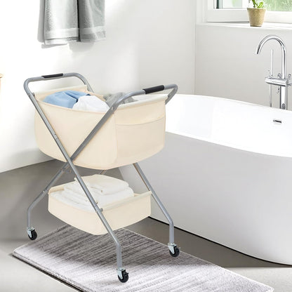 STORAGE MANIAC Collapsible Laundry Cart with Wheels 35.6"H Removable Canvas Bag Rolling Laundry Hamper Clothes Basket with Wheels, Sturdy Steel Frame Folding for Small Narrow Space Easy Storage, Beige