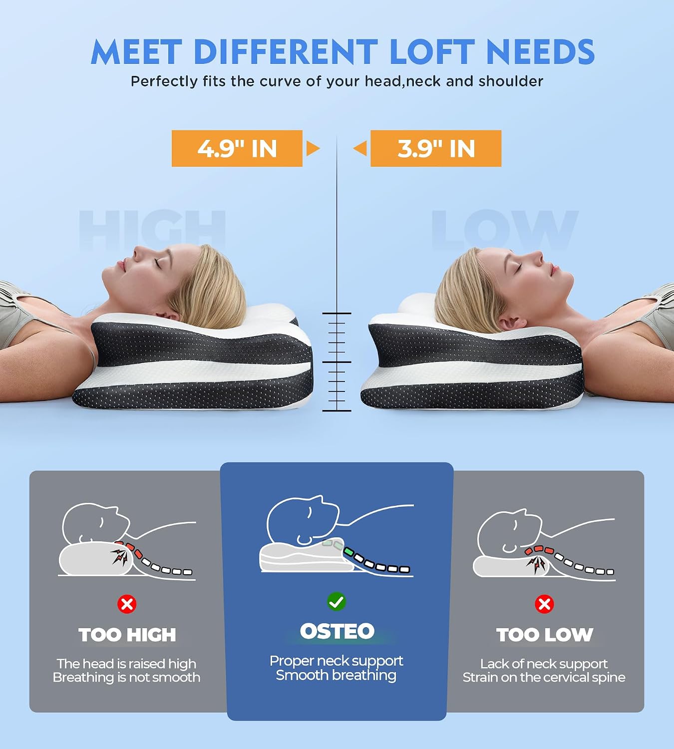 Osteo Cervical Pillow for Neck Pain Relief, Hollow Design Odorless Memory Foam Pillows with Cooling Case, Adjustable Orthopedic Bed Pillow for Sleeping, Support for Side Back Sleepers