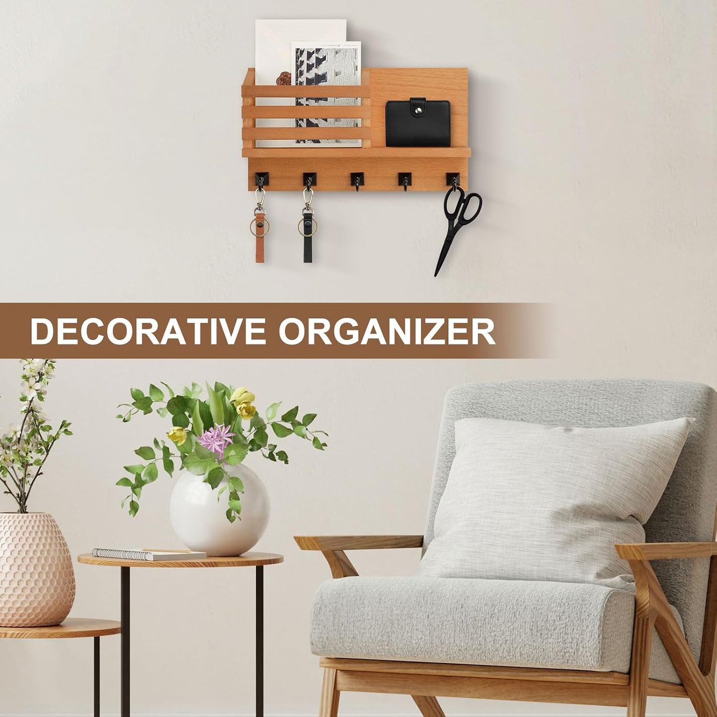 Key Holder Wall Mount, Mail Organizer for Wall with 5 Square Key Hooks | Key Holder for Wall, Key Holder with Shelf Farmhouse Home Decor for Home Entryway