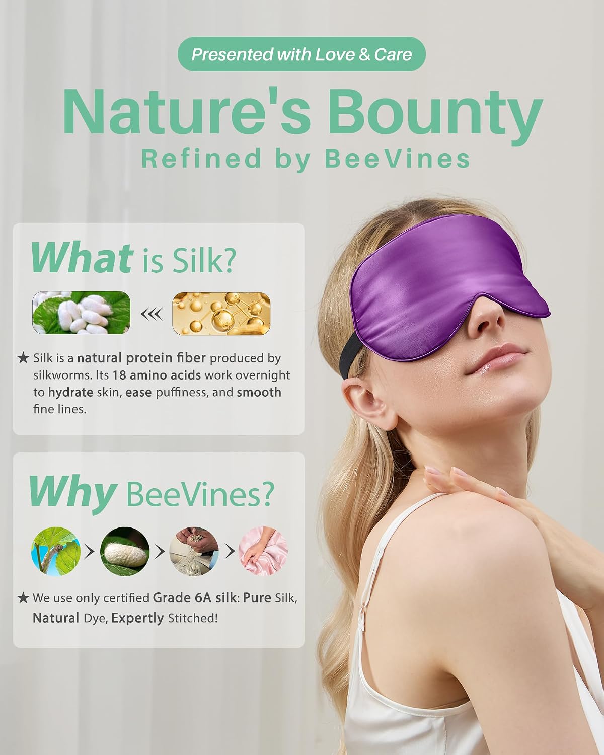 BeeVines 100% Mulberry Silk Sleep Mask, Light Blocking Eye Masks (2 Packs)