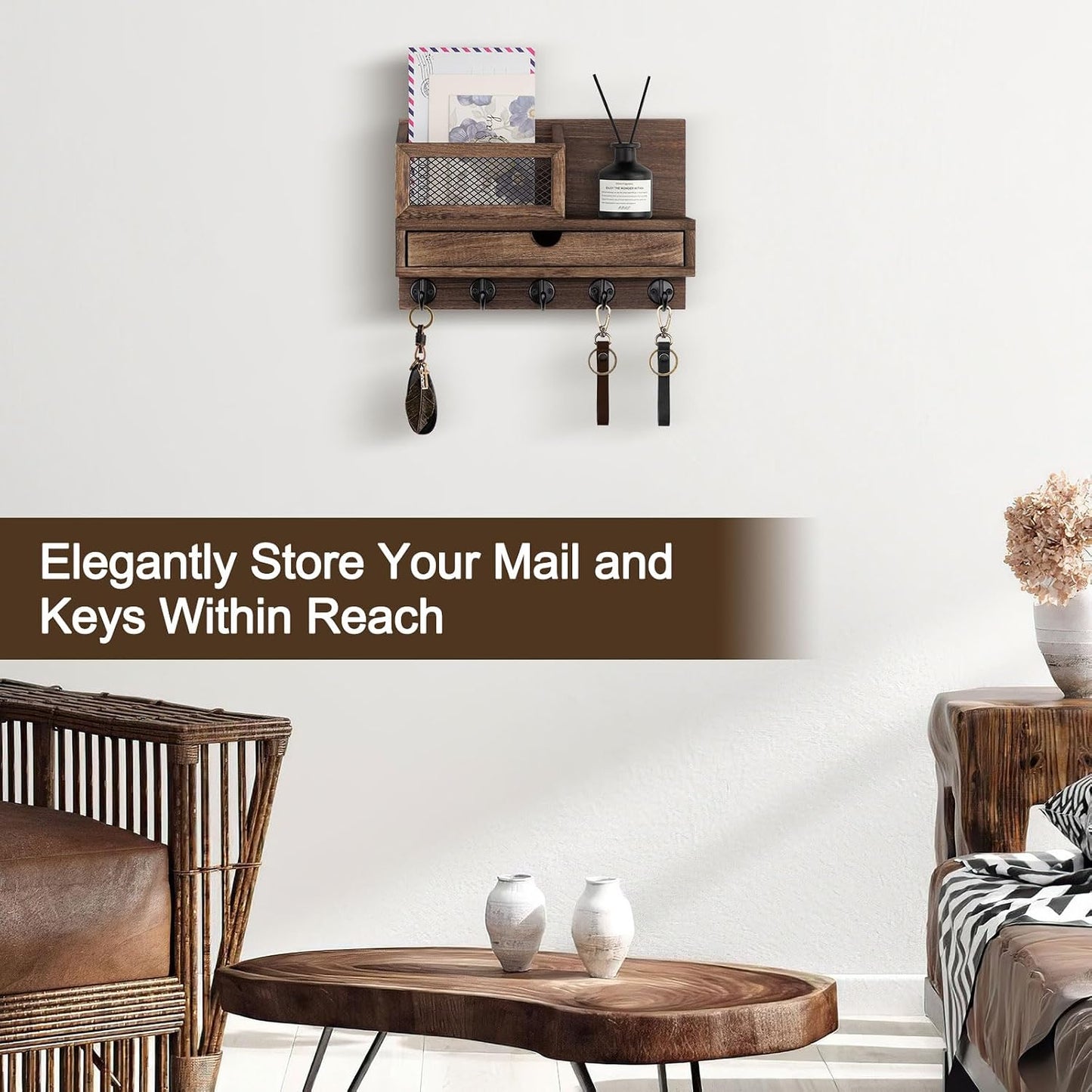 Key Holder for Wall with 5 Key Hooks and Storage Drawer | Key Holder Wall Mount, Mail Organizer for Entryway Living Room Farmhouse Home Decor