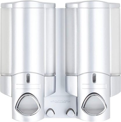 Better Living Aviva Wall Mount Shower Dispenser, 3 x 11 oz, Satin Silver | 3 Chamber, Shower Dispenser for Bathroom, Built-in Hooks, No Drill, Waterproof Dispenser Pump