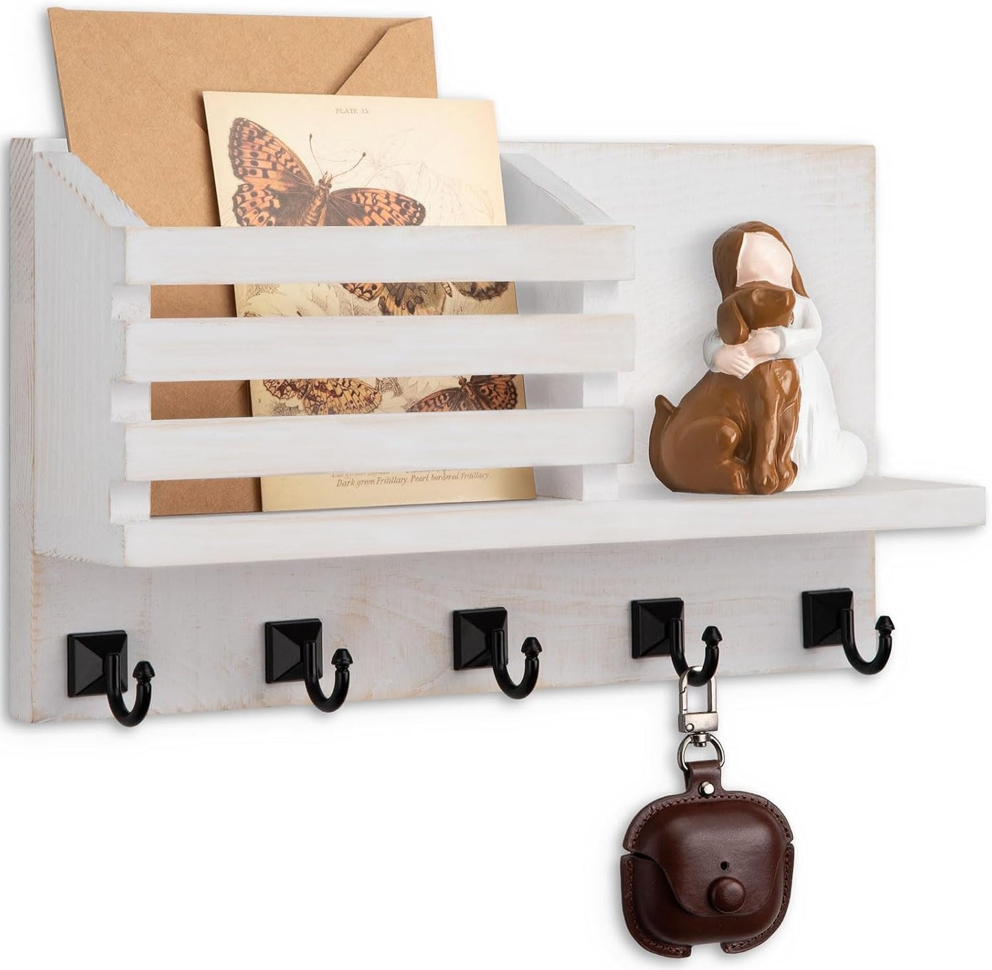 Key Holder Wall Mount, Mail Organizer for Wall with 5 Square Key Hooks | Key Holder for Wall, Key Holder with Shelf Farmhouse Home Decor for Home Entryway
