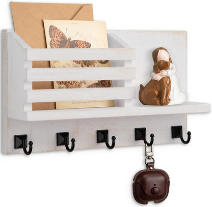 Key Holder Wall Mount, Mail Organizer for Wall with 5 Square Key Hooks | Key Holder for Wall, Key Holder with Shelf Farmhouse Home Decor for Home Entryway
