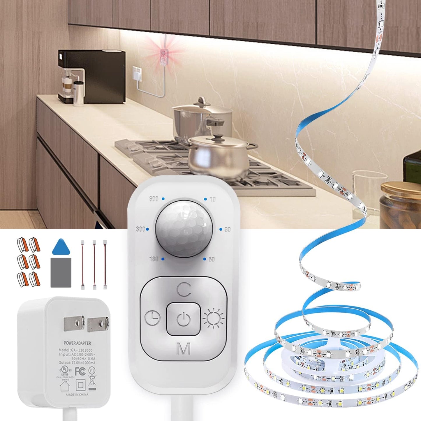 Motion Sensor Led Light Strip - with UL FCC Plug Adapter, Multi-Functional Controller, Dimmer, Timer, Under Cabinet Lights for Indoor Kitchen Stair Showcase Bedroom Corridor Counter 16.4ft Warm White.