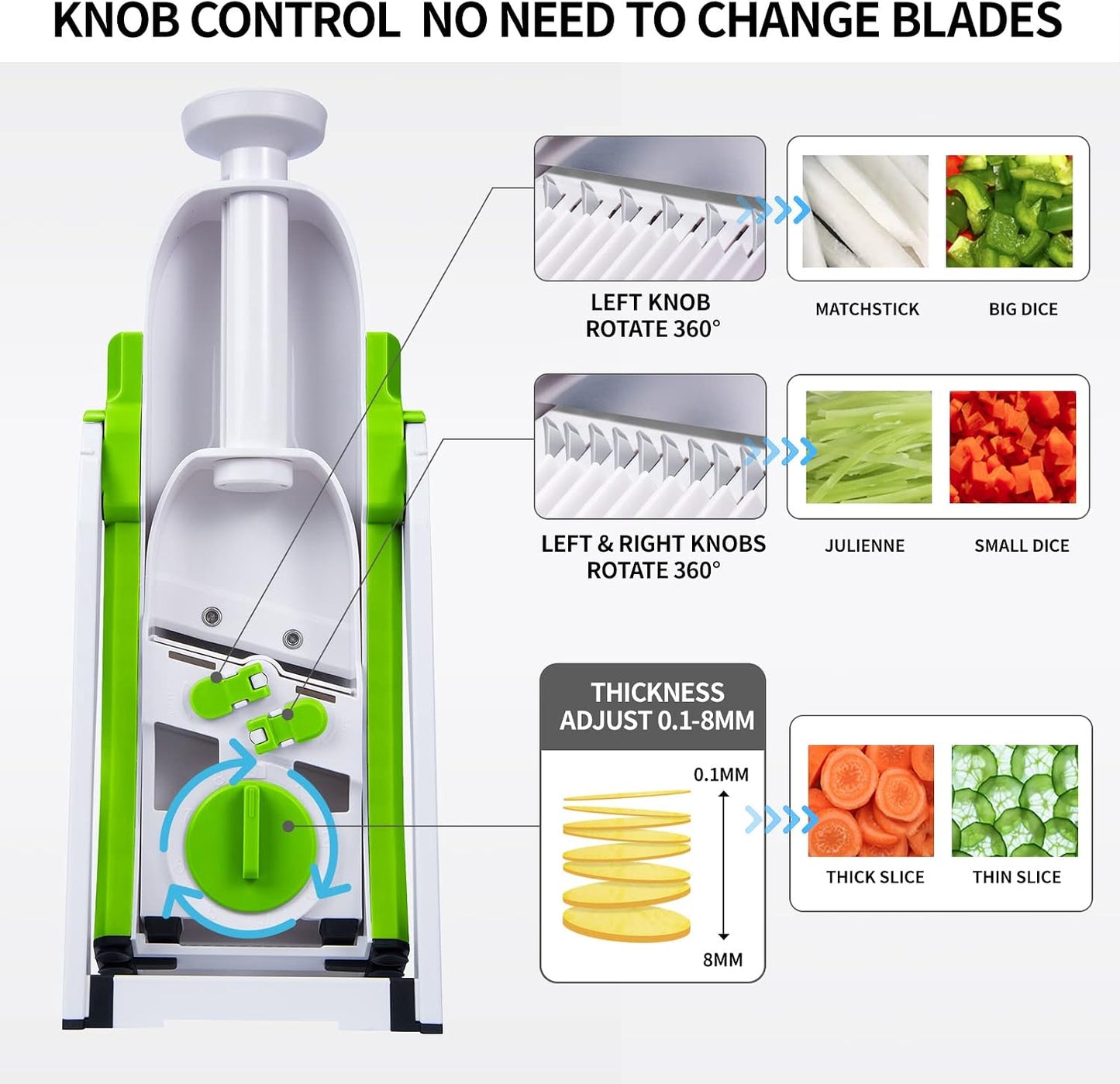 QYKIC Safe Mandoline Slicer Pro for Kitchen, Adjustable Chopper 6 in 1 | Potato Slicer Onion Chopper Fry Cutter Julienne Dicer Large Chute Stainless Steel Blades Detachable Dishwasher Safe Gifts