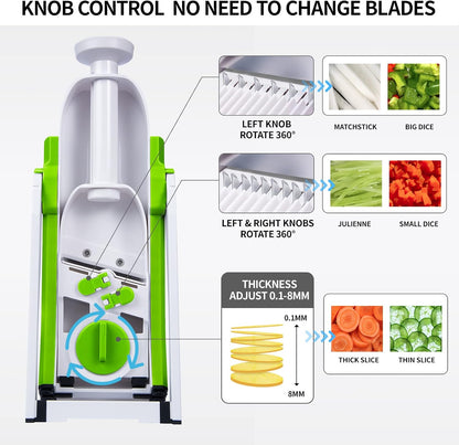 QYKIC Safe Mandoline Slicer Pro for Kitchen, Adjustable Chopper 6 in 1 | Potato Slicer Onion Chopper Fry Cutter Julienne Dicer Large Chute Stainless Steel Blades Detachable Dishwasher Safe Gifts