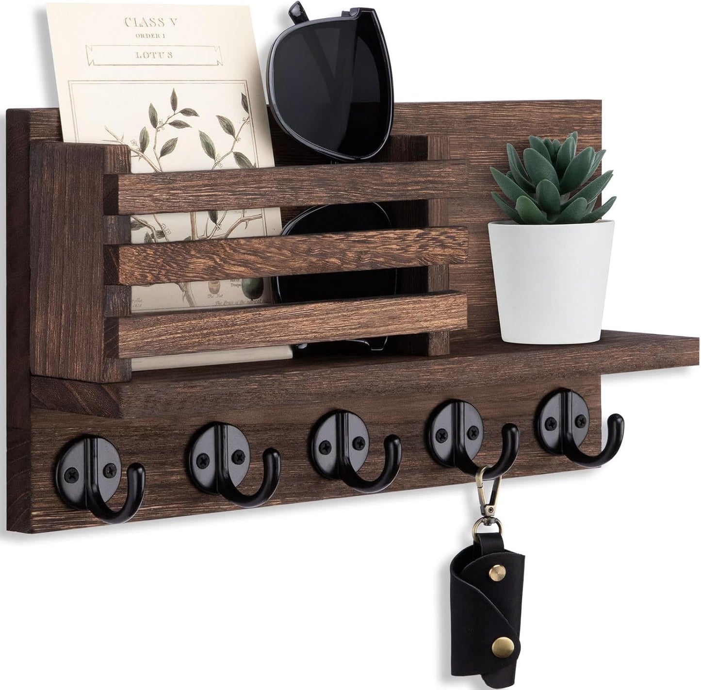 Lwenki Key Holder for Wall – Decorative Wooden Mail Holder and Key Shelf with Mounting Hardware, Installation Guide – Paulownia Wood with Metal Key Hooks (Black, Large - 11.8inch)