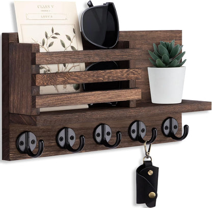 Lwenki Key Holder for Wall – Decorative Wooden Mail Holder and Key Shelf with Mounting Hardware, Installation Guide – Paulownia Wood with Metal Key Hooks (Black, Large - 11.8inch)