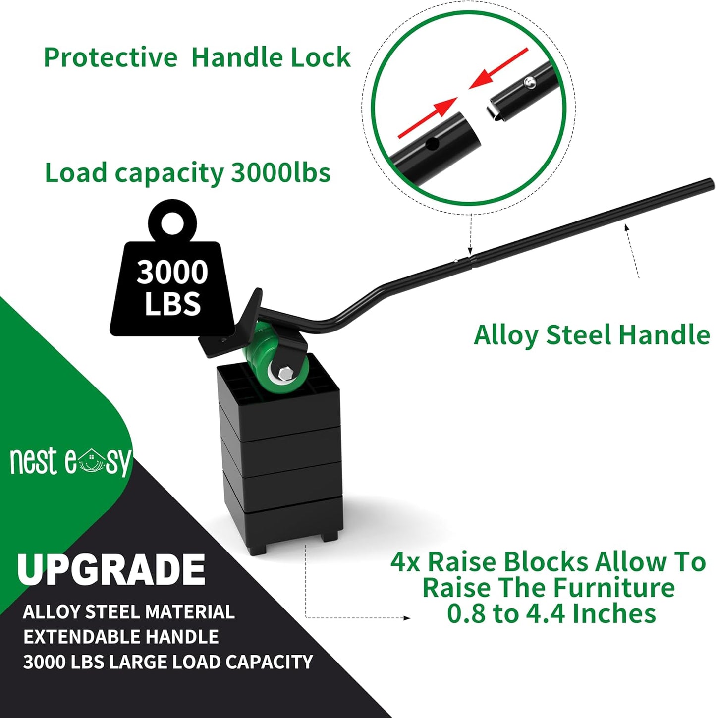Heavy Duty Furniture Dolly 360 Rotate 5 Wheels 3000 Lbs Capacity 5.3x5.3 in | Furniture Movers with Green Wheels, Measure Tape & Leveler, Alloy Steel Furniture Lifter Tool for Smooth Home & Office Uses