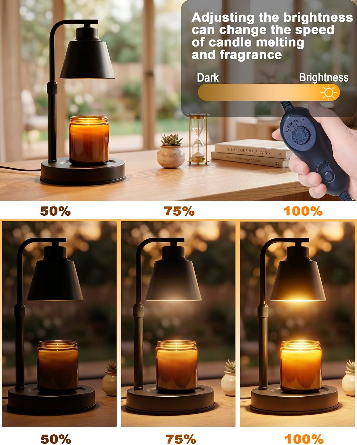 Candle Warmer Lamp with Timer, Dimmable, Adjustable Height, Black | 2 bulbs included, no flame needed, 1-year warranty, farmhouse or modern decor, for bedroom, kitchen, living room, gifting