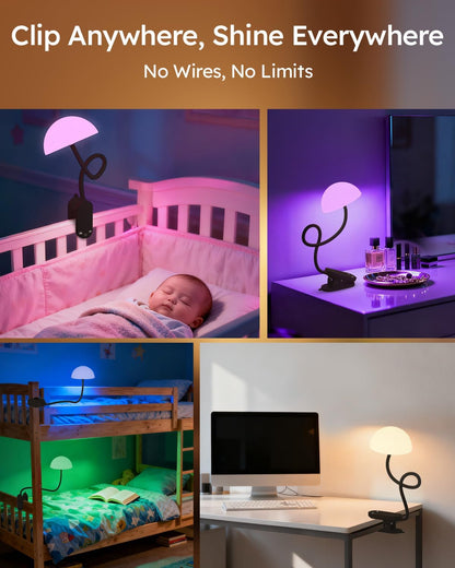 Rechargeable Clip On Lamp, Cordless Touch Control Desk Lamp with RGB Ambient Mode & 3000K–6000K Dimmable Book Reading Light, Portable Gooseneck Lamp Battery Operated Clamp On Table Bedside Headboard
