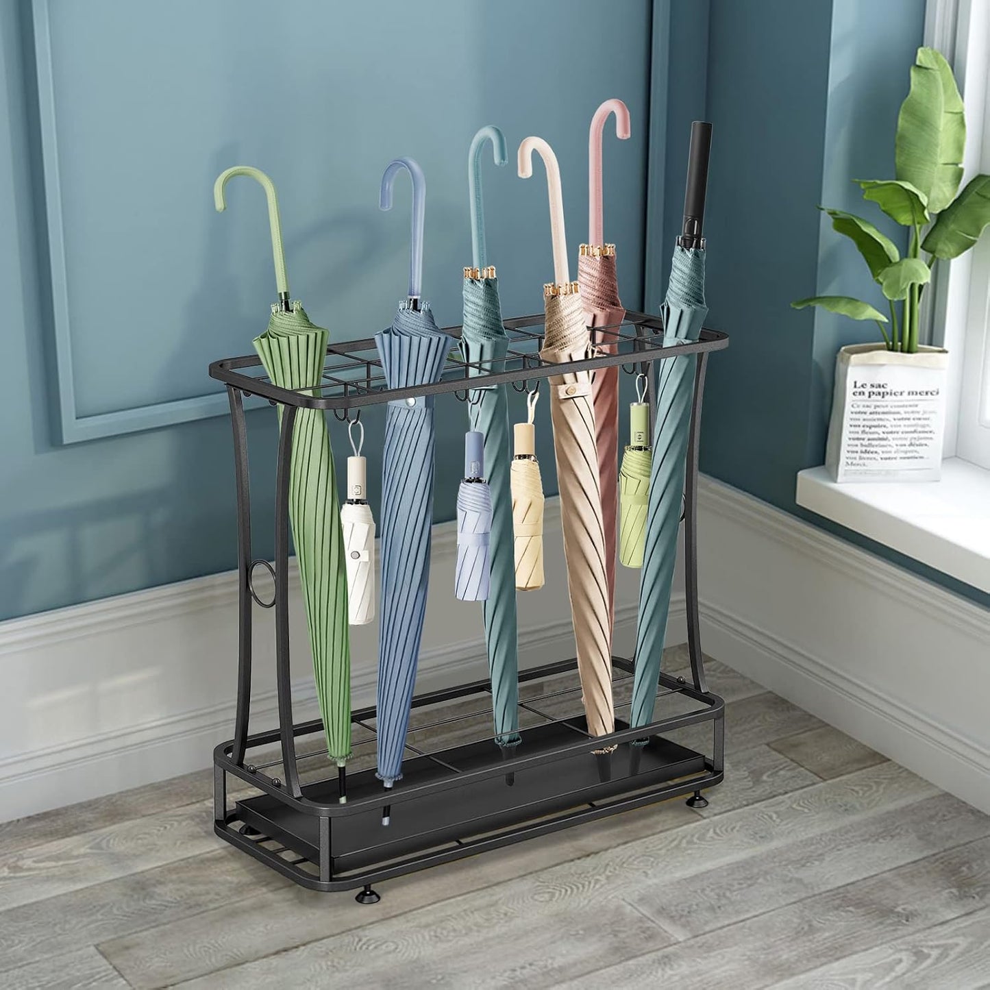 Metal Umbrella Holder Stand with Removable Drip Tray, Industrial Free Standing Umbrella Rack Organizer for Entryway Home Office Patio Decor(21 Slots 24 Hooks, Black)