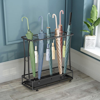 Metal Umbrella Holder Stand with Removable Drip Tray, Industrial Free Standing Umbrella Rack Organizer for Entryway Home Office Patio Decor(21 Slots 24 Hooks, Black)