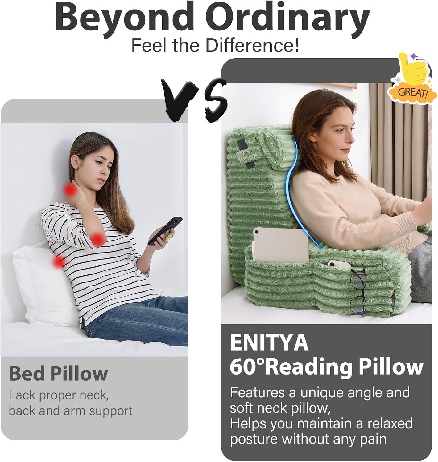 ENITYA 22" XL Back Pillow for Bed Sitting Up with Armrests & Big Pockets | Reading Pillow for Bed, Soft Back Support Chair, Ideal for Watching TV, Gaming, Nursing, Resting, Post Surgery, Dark Grey