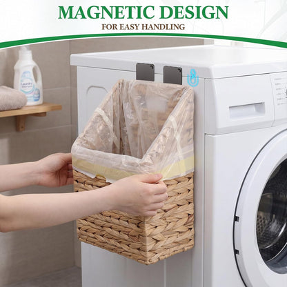Magnetic Lint Bin Box for Laundry Wicker Storage Organizer Includes Wicker Storage Basket Drawstring Trash Bags Dryer Lint Brush 2 Magnetic Hooks for Laundry Room Home Saving Space