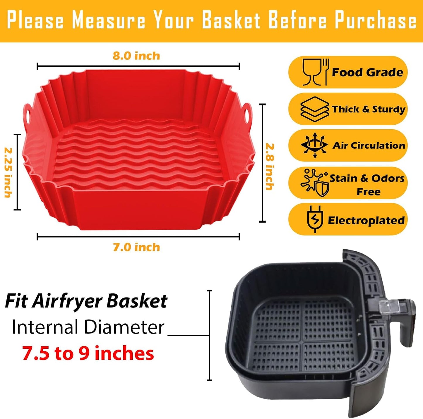 8 Inch Square Silicone Air Fryer Liners (2 Pack) Pink & Grey Reusable Non-Stick Inserts with Handles for Mess-Free Cooking & Heat Resistance – For Airfryer Ninja COSORI Instant Vortex & More