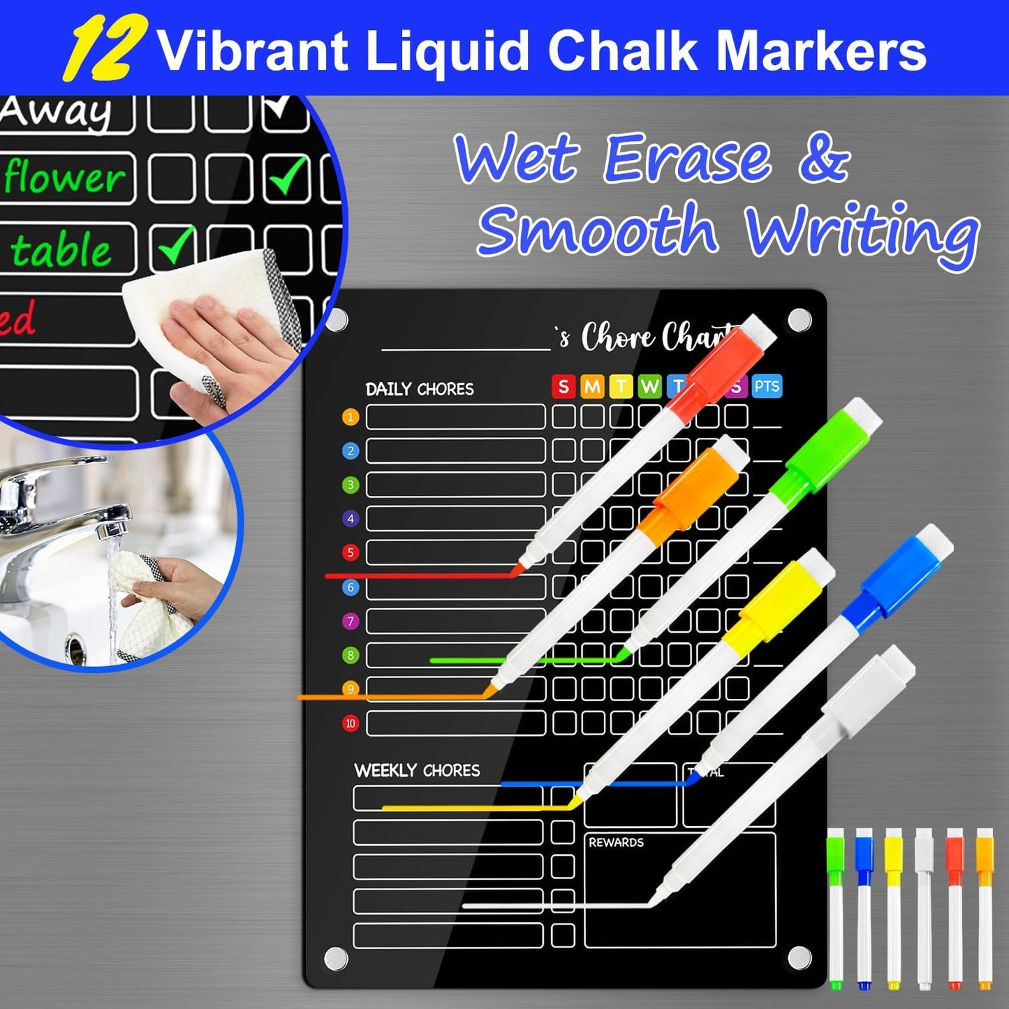 PigPotParty 2-in-1 Acrylic Magnetic Chore Chart for 2 Kids, Large 16x12 in | Clear Dry Erase Fridge Chore Board for Teens, Roommates; Vibrant Layout; Embedded Magnets; 12 Wet-Erase Markers and Towel