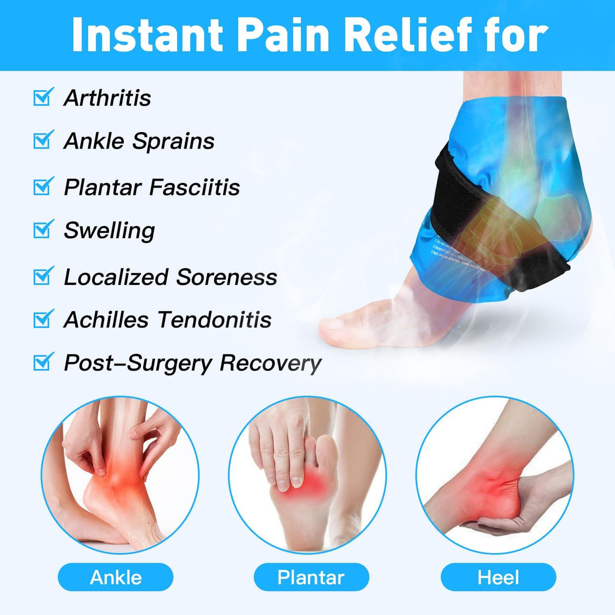 RelaxCoo Ankle Ice Pack Wrap for Swelling, Reusable Gel Ice Pack for Ankle Injuries, Cold Compress Therapy for Foot Pain Relief, Achilles Tendonitis, Plantar Fasciitis, Sprains