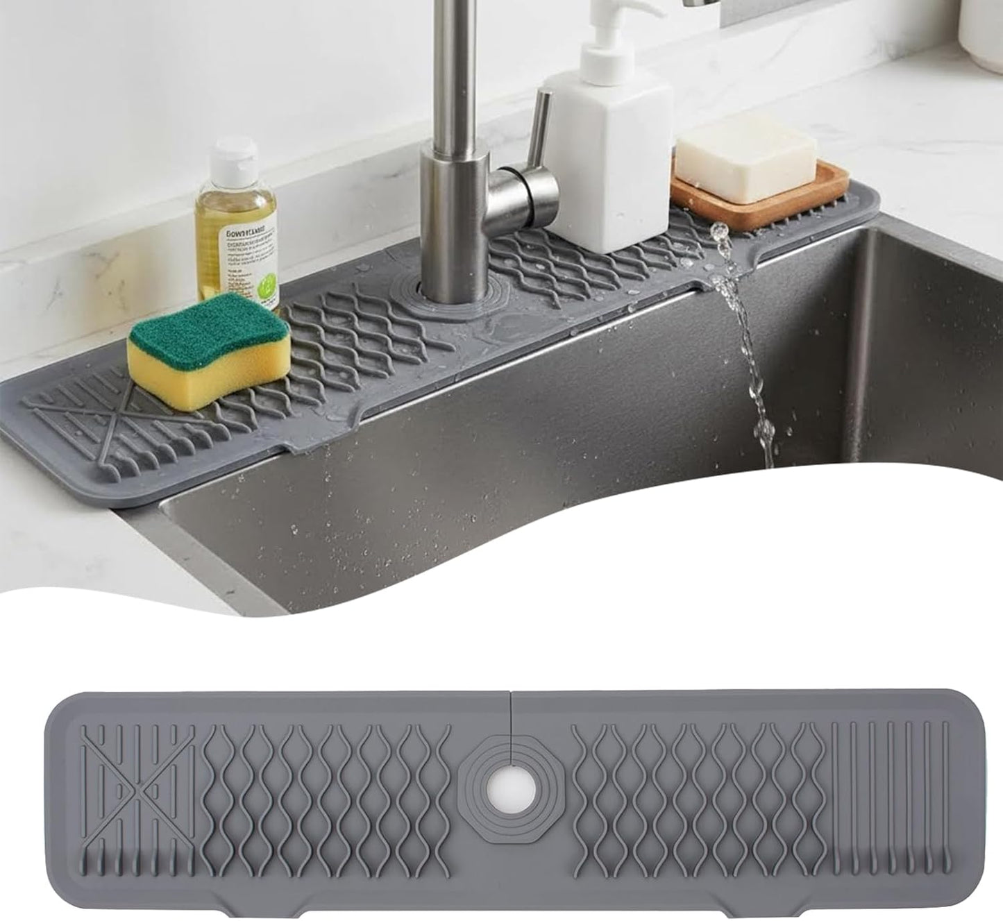 Silicone Faucet Handle Drip Catcher Beveled Drying Tray Mat Dish Soap Sponge Holder Accessories Gadgets for Kitchen Counter Bathroom Kitchen Sink Splash Guard (16.9")