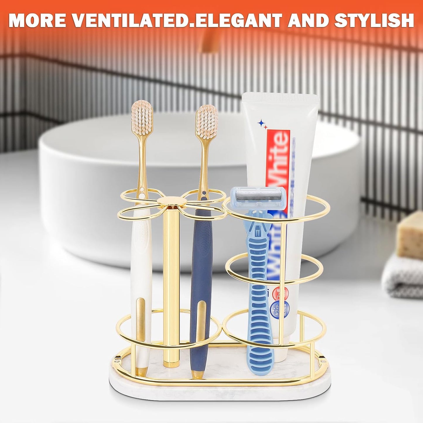 Toothbrush Holder Stand for Bathroom, Metal Toothbrush Organizer with Marble Base, Toothbrush Storage Collection for Family, Suitable for Home Hotel Countertop Vanity (Small, Matte Black)